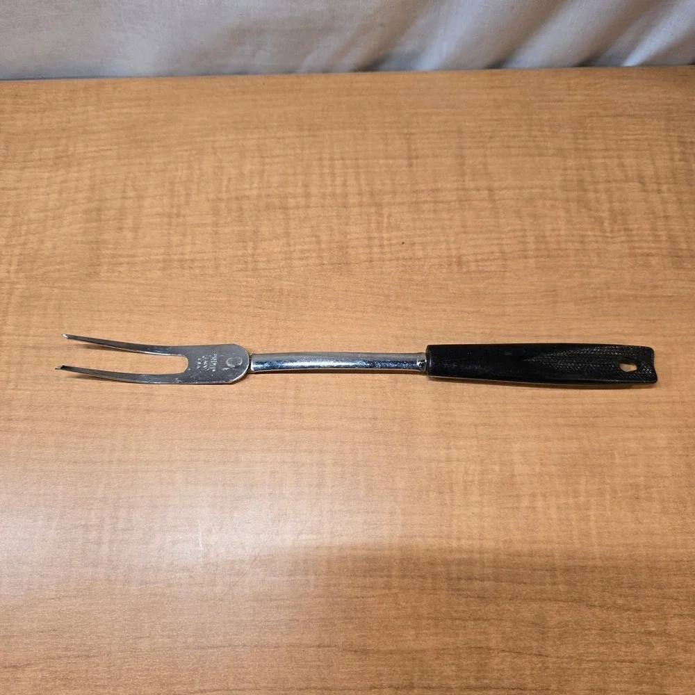 Vintage EKCO Chrome Plated Carving Fork‎ Black Handle Meat Turkey Thanksgiving